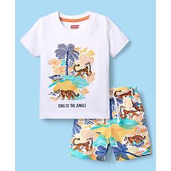 Babyhug Single Jersey Knit Half Sleeves T-Shirt & Shorts Set with Jungle Theme Print - White