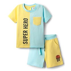 Babyhug Single Jersey Knit Half Sleeves T-Shirt & Shorts Set With Text Print - Light Blue