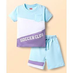 Babyhug Single Jersey Knit Half Sleeves Cut & Sew T-Shirt & Shorts Set with Text Print - Aqua Blue