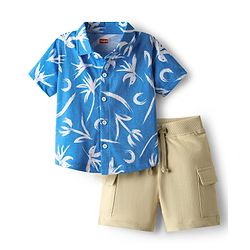 Babyhug Single Jersey Knit Half Sleeves Shirt & Shorts Set with Floral Print - Blue & Beige