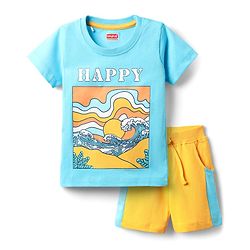 Babyhug Single Jersey Knit Half Sleeves T-Shirt & Shorts Set With Beach Print - Light Blue & Yellow
