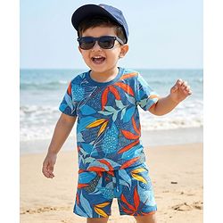 Babyhug Single Jersey Knit Half Sleeves T-Shirt & Shorts Co-ord Set with Tropical Print - Blue