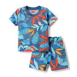Babyhug Single Jersey Knit Half Sleeves T-Shirt & Shorts Co-ord Set with Tropical Print - Blue