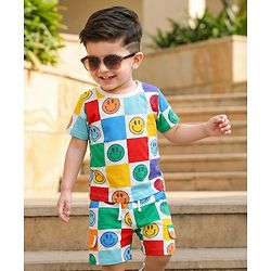 Babyhug Single Jersey Knit Half Sleeves T-Shirt & Shorts Co-ord Set with Smiley Print - White
