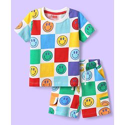 Babyhug Single Jersey Knit Half Sleeves T-Shirt & Shorts Co-ord Set with Smiley Print - White