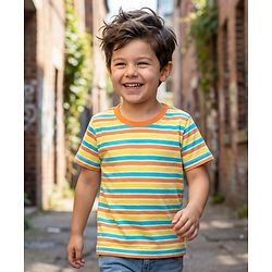 Babyhug Cotton Knit Half Sleeves T-Shirt With Stripes - Orange & Yellow