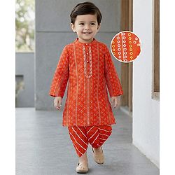 Babyhug Woven Full Sleeves Kurta Dhoti Set With Bandhani Print & Lace Detailing - Coral