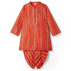 Babyhug Woven Full Sleeves Kurta Dhoti Set With Bandhani Print & Lace Detailing - Coral