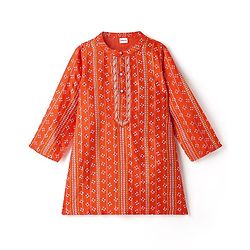Babyhug Woven Full Sleeves Kurta Dhoti Set With Bandhani Print & Lace Detailing - Coral