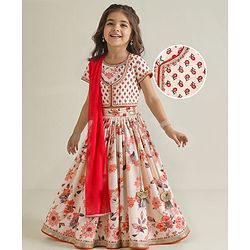 Babyhug Cotton Woven Half Sleeves Choli Lehenga Set with Dupatta Floral Print & Lace Detailing - Offwhite