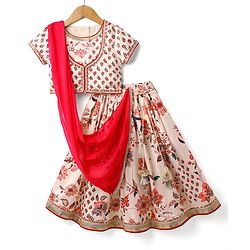 Babyhug Cotton Woven Half Sleeves Choli Lehenga Set with Dupatta Floral Print & Lace Detailing - Offwhite