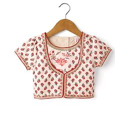 Babyhug Cotton Woven Half Sleeves Choli Lehenga Set with Dupatta Floral Print & Lace Detailing - Offwhite