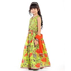 Babyhug Cotton Woven Sleeveless Floral Printed & Embroidered Choli Lehenga Set with Dupatta & Lace Detailing - Limegreen