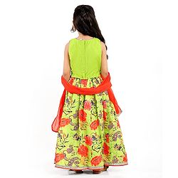 Babyhug Cotton Woven Sleeveless Floral Printed & Embroidered Choli Lehenga Set with Dupatta & Lace Detailing - Limegreen