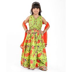 Babyhug Cotton Woven Sleeveless Floral Printed & Embroidered Choli Lehenga Set with Dupatta & Lace Detailing - Limegreen