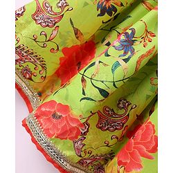 Babyhug Cotton Woven Sleeveless Floral Printed & Embroidered Choli Lehenga Set with Dupatta & Lace Detailing - Limegreen