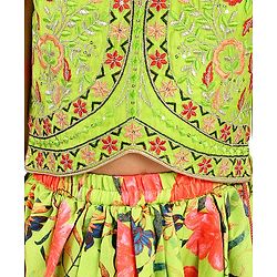 Babyhug Cotton Woven Sleeveless Floral Printed & Embroidered Choli Lehenga Set with Dupatta & Lace Detailing - Limegreen
