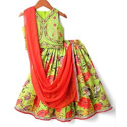 Babyhug Cotton Woven Sleeveless Floral Printed & Embroidered Choli Lehenga Set with Dupatta & Lace Detailing - Limegreen