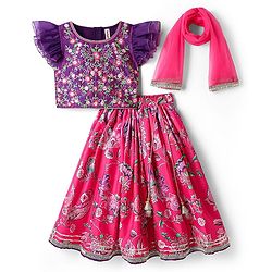 Babyhug Woven Frill Sleeves Choli Lehenga Set And Dupatta With Floral  Print & Embroidery with Lace Detailing - Purple & Dark Pink