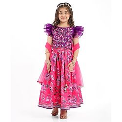 Babyhug Woven Frill Sleeves Choli Lehenga Set And Dupatta With Floral  Print & Embroidery with Lace Detailing - Purple & Dark Pink