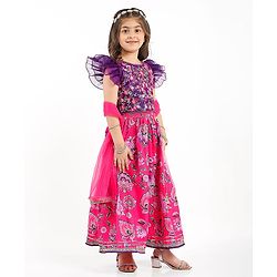 Babyhug Woven Frill Sleeves Choli Lehenga Set And Dupatta With Floral  Print & Embroidery with Lace Detailing - Purple & Dark Pink