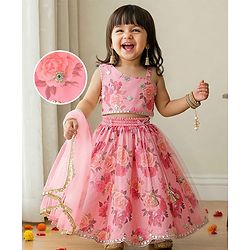 Babyhug Woven Sleeveless Choli Lehenga Set & Dupatta With Floral Embroidery & Lace Detailing - Pink