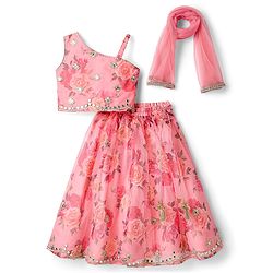 Babyhug Woven Sleeveless Choli Lehenga Set & Dupatta With Floral Embroidery & Lace Detailing - Pink