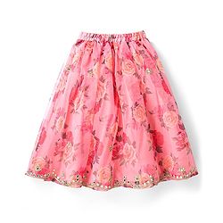 Babyhug Woven Sleeveless Choli Lehenga Set & Dupatta With Floral Embroidery & Lace Detailing - Pink
