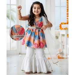 Babyhug Georgette Woven Short Sleeves Kurti Palazzo  Set With Dupatta  Lace Detailing & Sequin Floral Embroidery - Muticolour