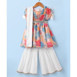 Babyhug Georgette Woven Short Sleeves Kurti Palazzo  Set With Dupatta  Lace Detailing & Sequin Floral Embroidery - Muticolour
