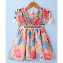 Babyhug Georgette Woven Short Sleeves Kurti Palazzo  Set With Dupatta  Lace Detailing & Sequin Floral Embroidery - Muticolour
