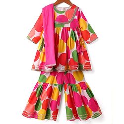 Babyhug 100% Cotton Three Fourth Sleeves Girls Kurti Pallazzo & Dupatta Set with All over Print & Lace Detailing - Dark Pink & Green
