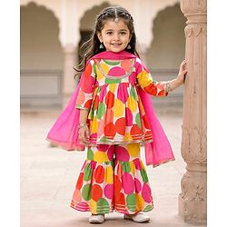 Babyhug 100% Cotton Three Fourth Sleeves Girls Kurti Pallazzo & Dupatta Set with All over Print & Lace Detailing - Dark Pink & Green