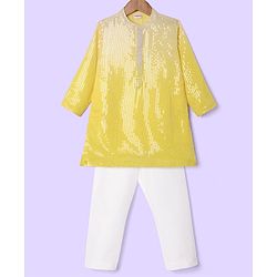 Babyhug Woven Full Sleeves Kurta & Pajama Set With Sequin Detailing - Yellow & White