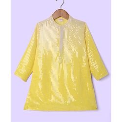 Babyhug Woven Full Sleeves Kurta & Pajama Set With Sequin Detailing - Yellow & White