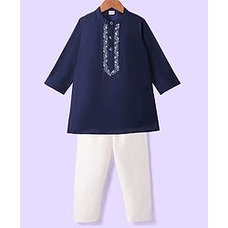 Babyhug Woven Full Sleeves Kurta & Pajama Set With Floral Embroidery Detailing - Navy Blue