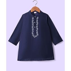 Babyhug Woven Full Sleeves Kurta & Pajama Set With Floral Embroidery Detailing - Navy Blue