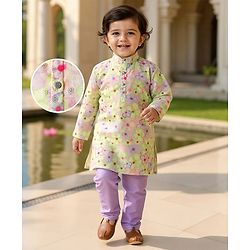 Babyhug Woven Full Sleeves Kurta Pyjama Set With Floral Print - Lavender