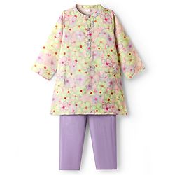 Babyhug Woven Full Sleeves Kurta Pyjama Set With Floral Print - Lavender