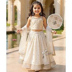 Babyhug Woven Sleeveless Choli Lehenga Set with Dupatta with Brocade Embroidery & Lace Detailing  - Offwhite