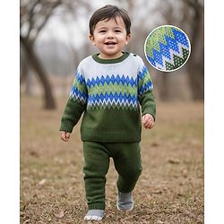 Babyhug Knitted Full Sleeves Sweater Set With Chevron Design - Olive Green & Blue