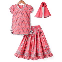 Babyhug Woven Half Sleeves Choli Lehenga Set & Dupatta With Floral Print & Lace Detailing - Pink