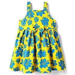 Babyhug Single Jersey Knit Sleeveless Frock With Floral Print & Bow Applique - Yellow & Blue