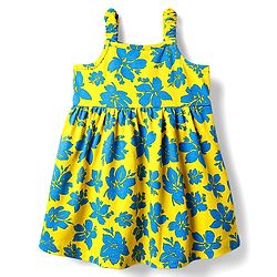 Babyhug Single Jersey Knit Sleeveless Frock With Floral Print & Bow Applique - Yellow & Blue