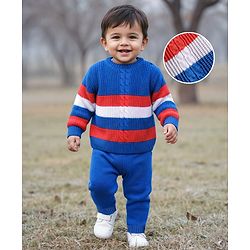 Babyhug Knitted Full Sleeves Sweater Set With Color Block & Cable Knit Design - Royal Blue