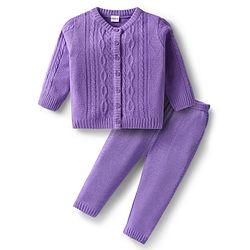 Babyhug Knit Full Sleeves Front Open Sweater Set With Cable Knit Design - Lavender