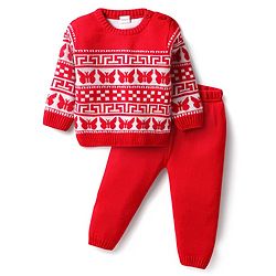 Babyhug Knit Full Sleeves Sweater Set With Butterfly Design - Red & White