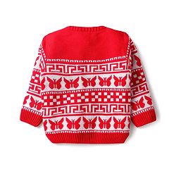 Babyhug Knit Full Sleeves Sweater Set With Butterfly Design - Red & White