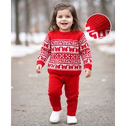 Babyhug Knit Full Sleeves Sweater Set With Butterfly Design - Red & White