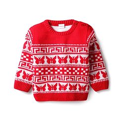 Babyhug Knit Full Sleeves Sweater Set With Butterfly Design - Red & White